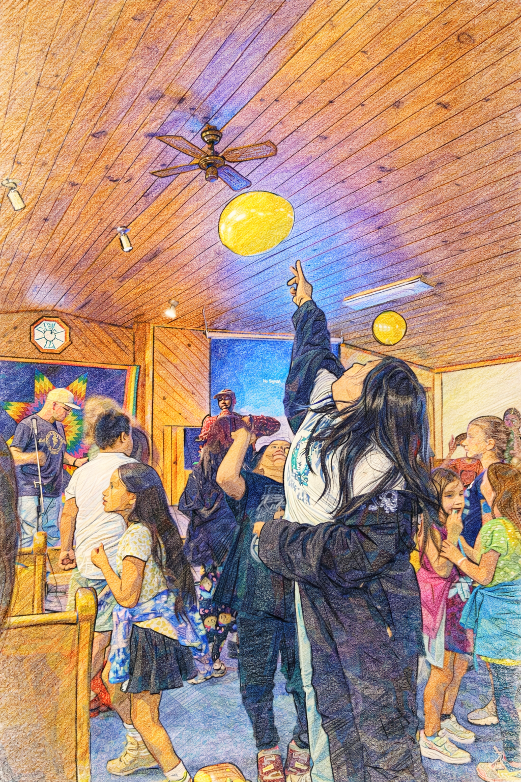 People dancing and socializing in a room with a wooden ceiling, ceiling fans, and yellow globe lights, with children and adults interacting.