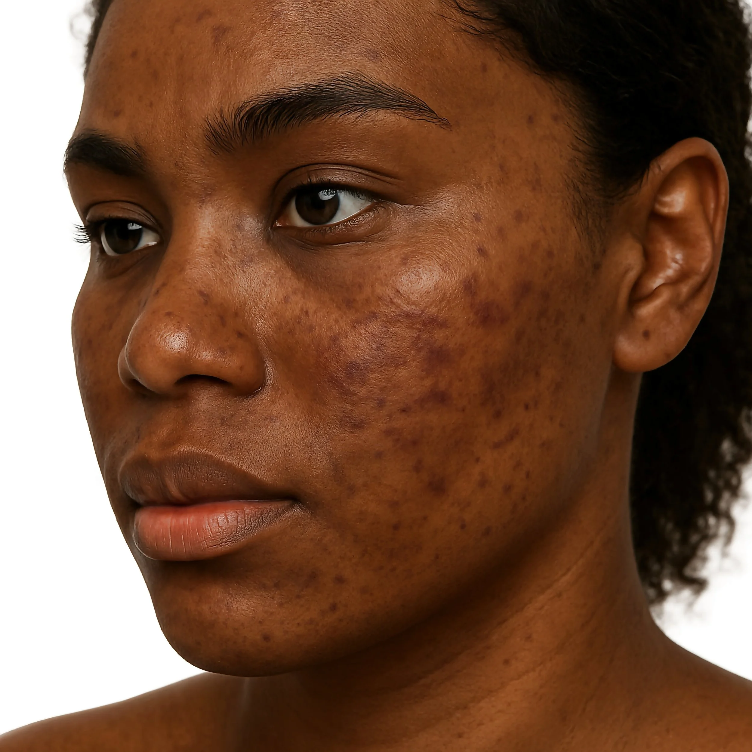 Un gros plan d'un visage d'une personne noire montrant ses yeux, son nez et ses lèvres avec une peau légèrement tachetée.