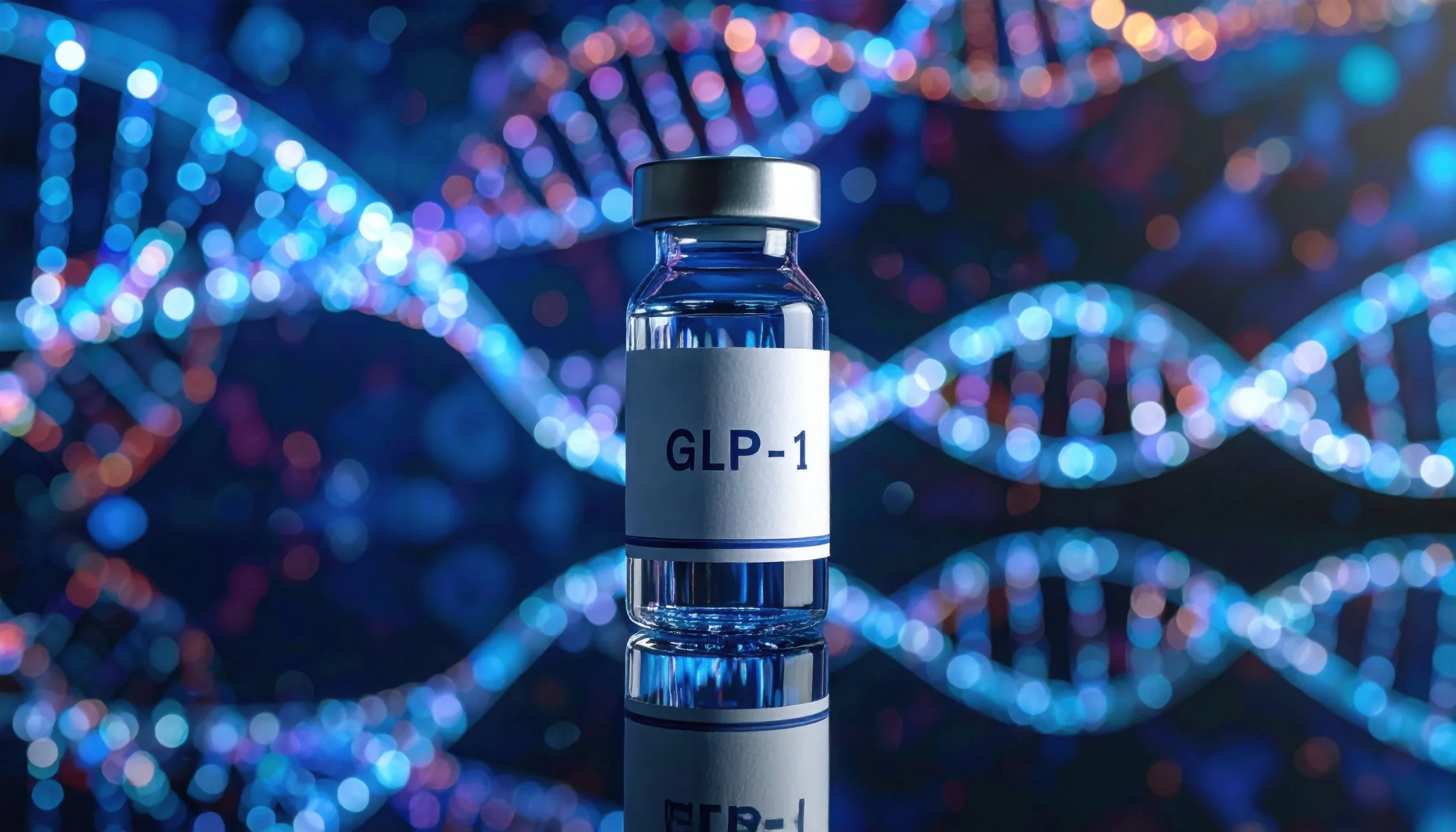 Une fiole en verre portant l'étiquette "GLP-1" placé devant un fond de double hélice d'ADN lumineuse en bleu et violet, avec un effet de bokeh