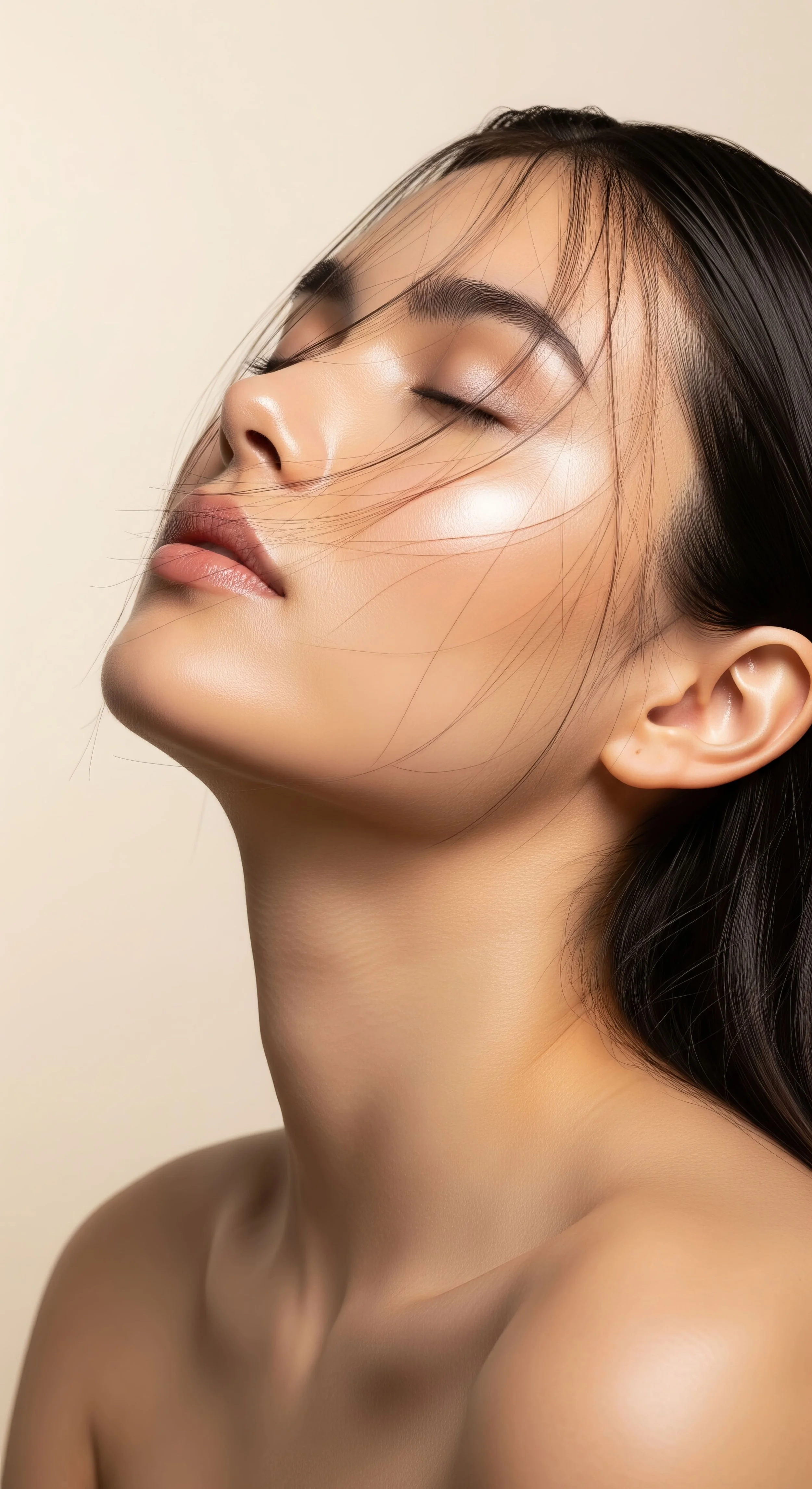 Une femme avec une peau lisse et éclatante, les yeux fermés, des cheveux noirs et lisses, et un fond beige clair.