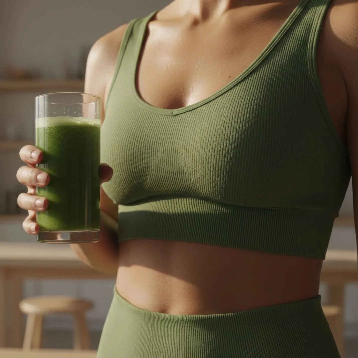 Une femme en vêtements de sport verts, tenant un verre de jus vert dans une pièce lumineuse.