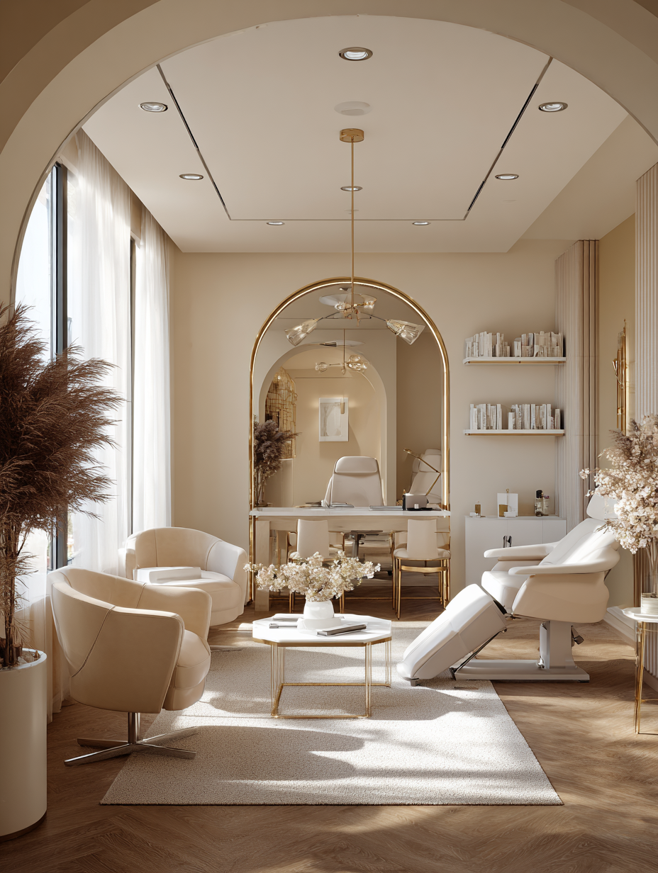 Salon élégamment décoré avec des fauteuils blancs, une table basse avec des fleurs, et une chaise de soin médicale, avec des étagères de livres sur le mur, dans une lumière naturelle.