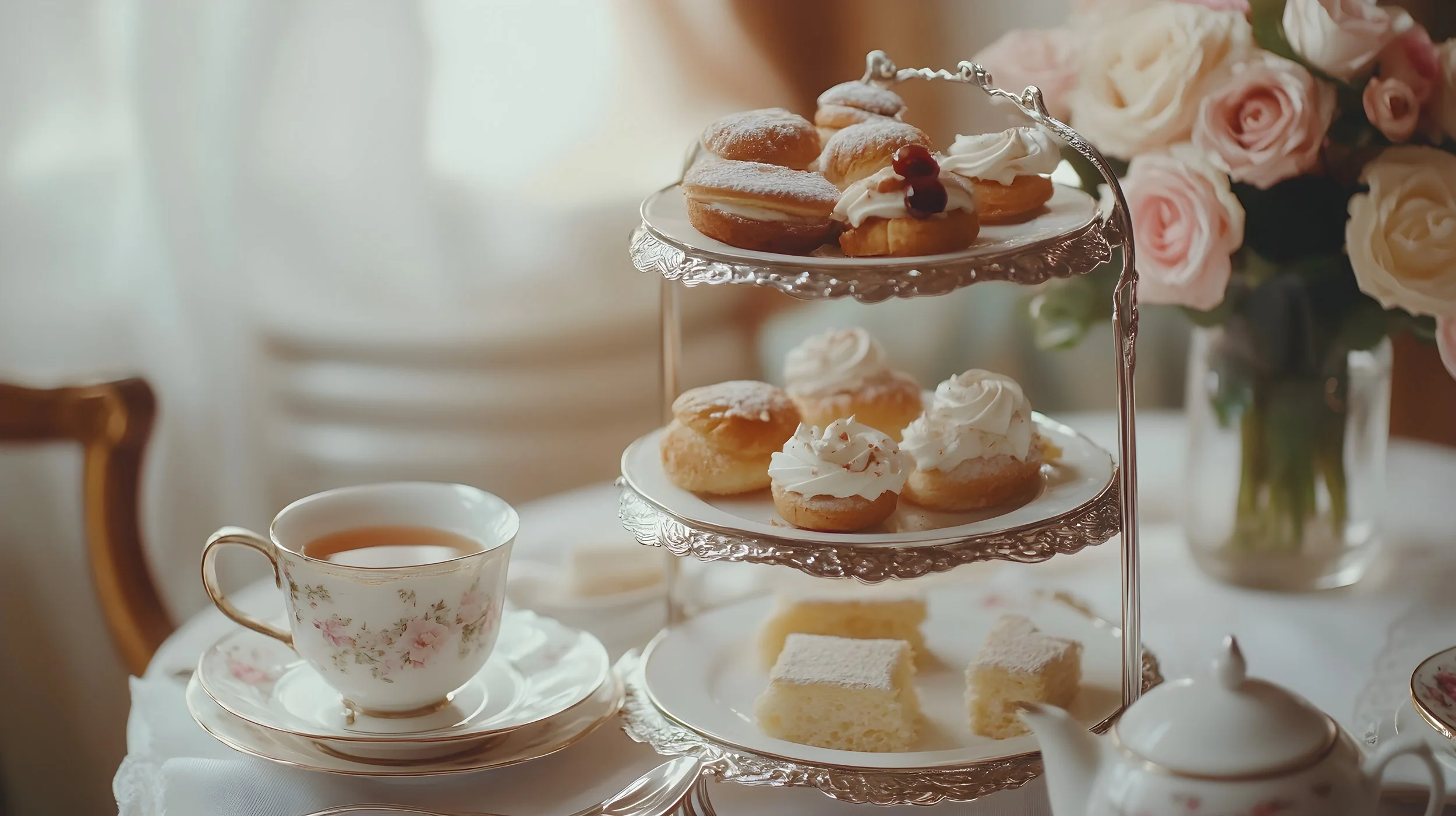 Assiette de pâtisseries avec des mini éclairs, biscuits et gâteaux, accompagnée d'une tasse de thé, sur une table avec une fleur en arrière-plan.