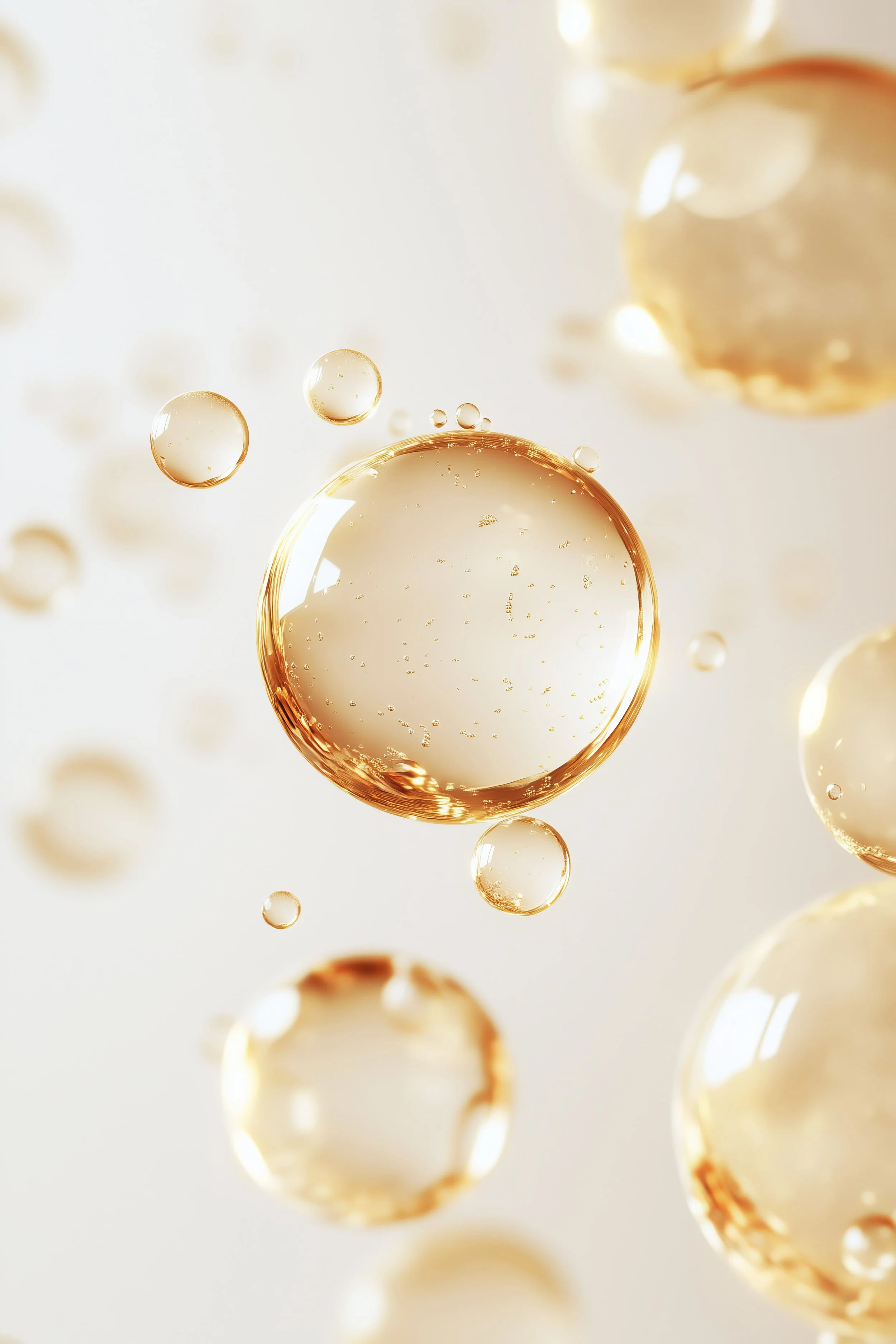 Gouttes d'huile d'olive transparentes et brillantes sur un fond blanc