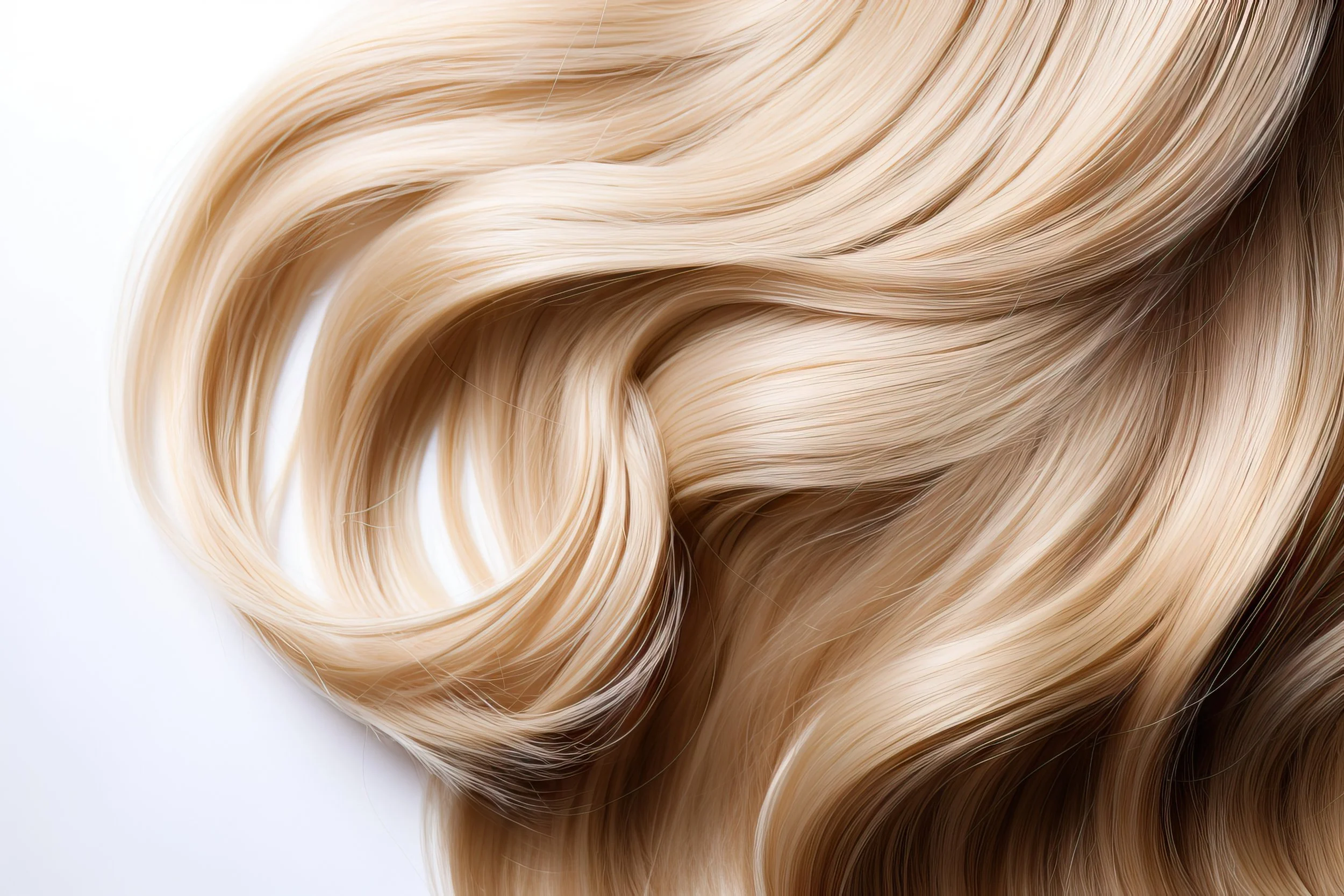 Mèches blondes déployées et ondulées.