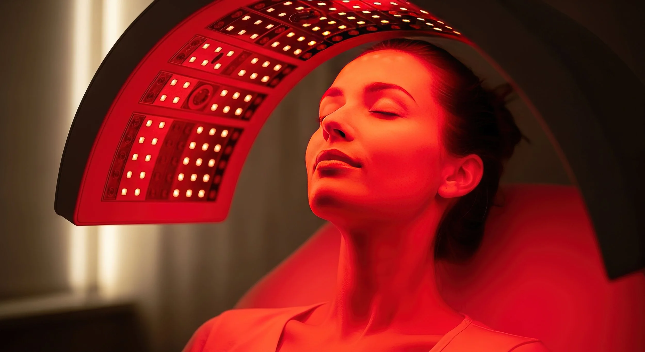 Femme recevant un traitement de photothérapie LED rouge, avec une lumière rouge sur son visage et un appareil de photothérapie au-dessus de sa tête.