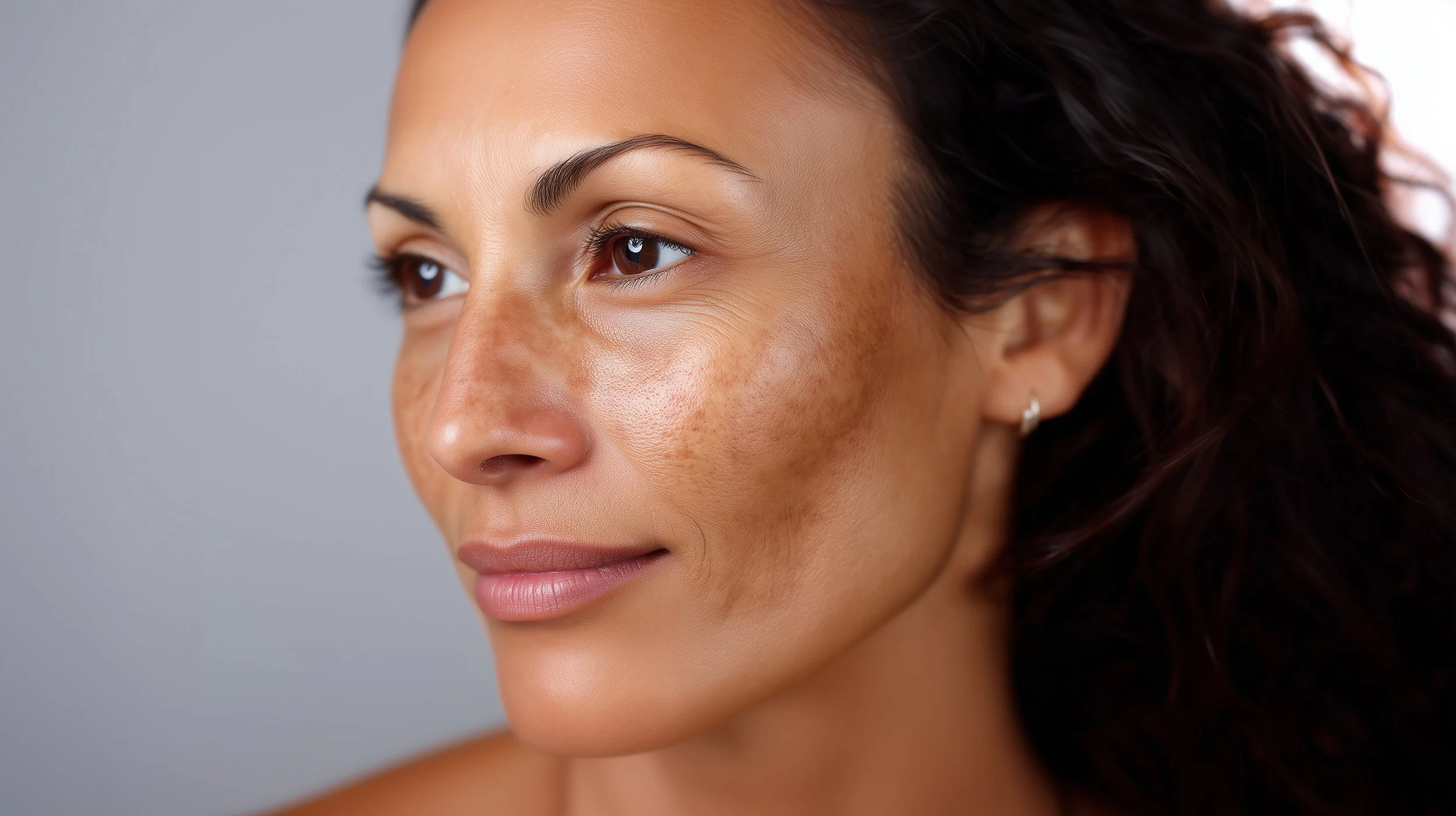 Close-up d'une femme avec peau claire, souriante et regardant vers la gauche, cheveux bouclés bruns foncés, fond gris.