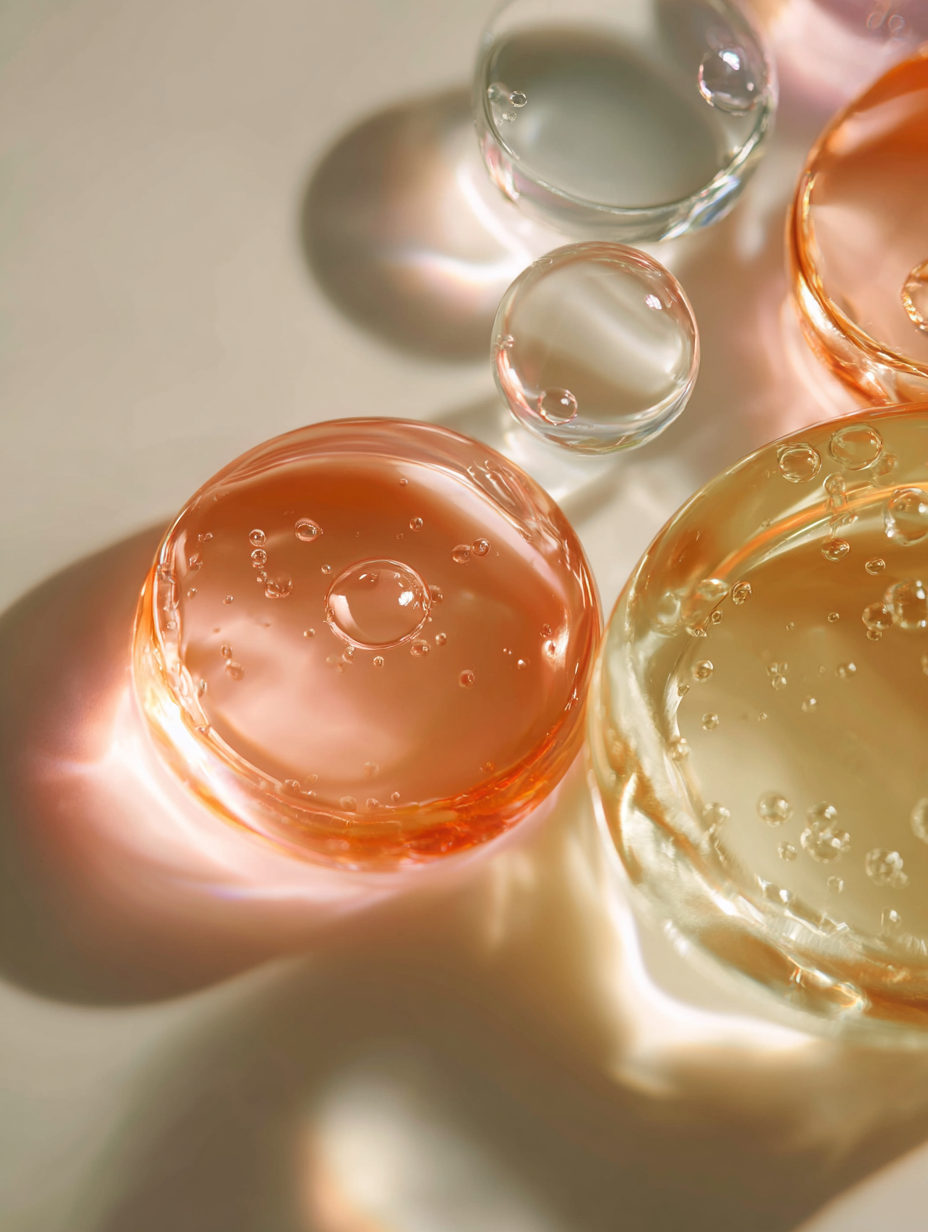 Verres en verre avec différentes couleurs, contenant des liquides avec des bulles, éclairés créant des reflets et des ombres sur une surface claire.