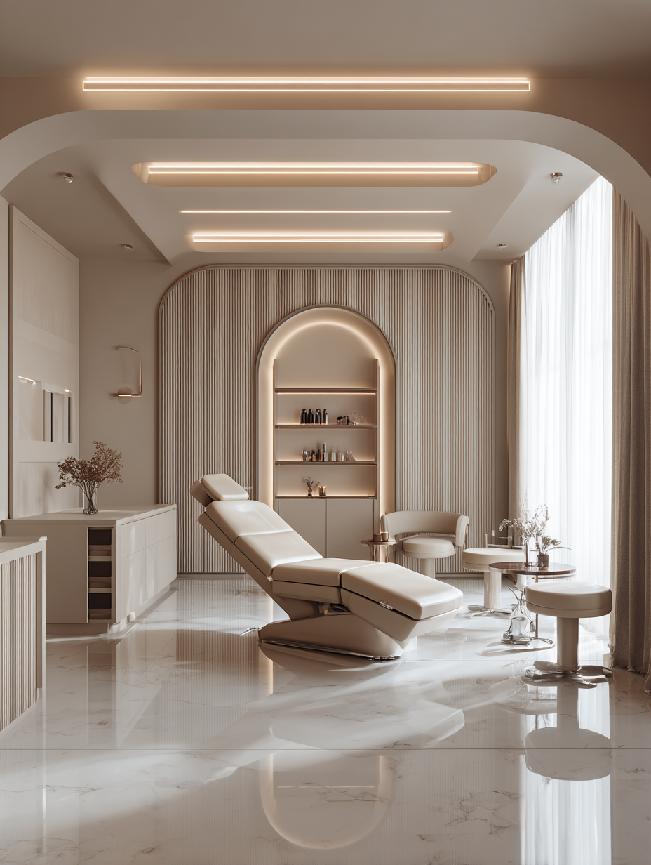 Salle d'examen médical ou spa moderne avec un fauteuil blanc inclinable, des tables rondes, des chaises et un décor épuré avec des étagères éclairées et des rideaux blanc lumineux.