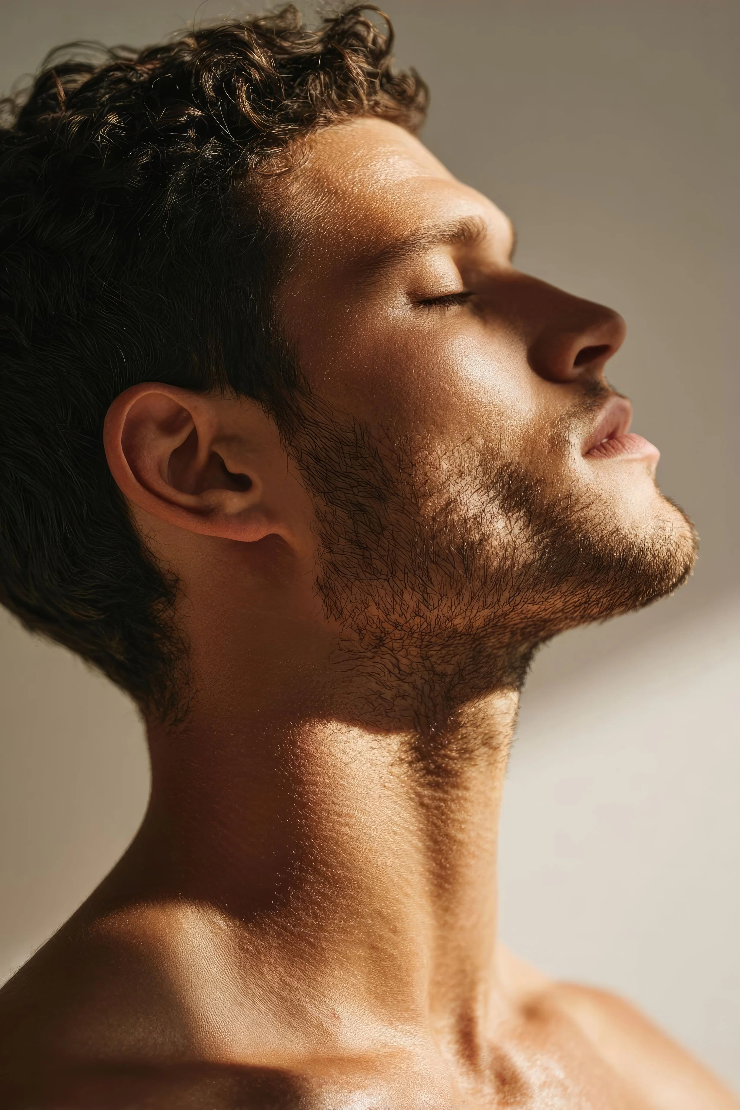Un homme avec la peau bronzée, les yeux fermés et la tête inclinée en arrière, bénéficiant de la lumière naturelle.
