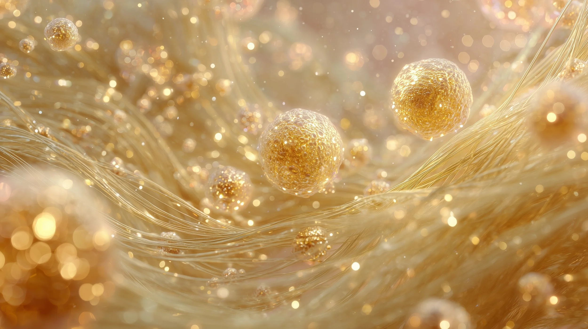 Illustration abstraite de sphères dorées brillantes entourées de filaments scintillants et de petites particules lumineuses dans un fond doux et flou.