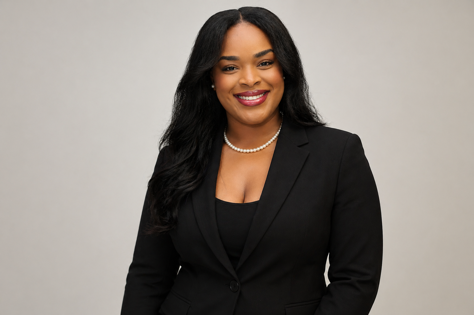 A professional woman with long black hair, wearing a black blazer, a black top, a pearl necklace, and earrings, smiling against a plain light-colored background.