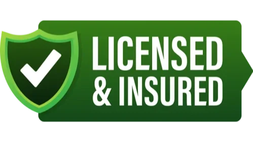 Green badge with a white checkmark inside a shield, and the text "Licensed & Insured" in bold white letters.