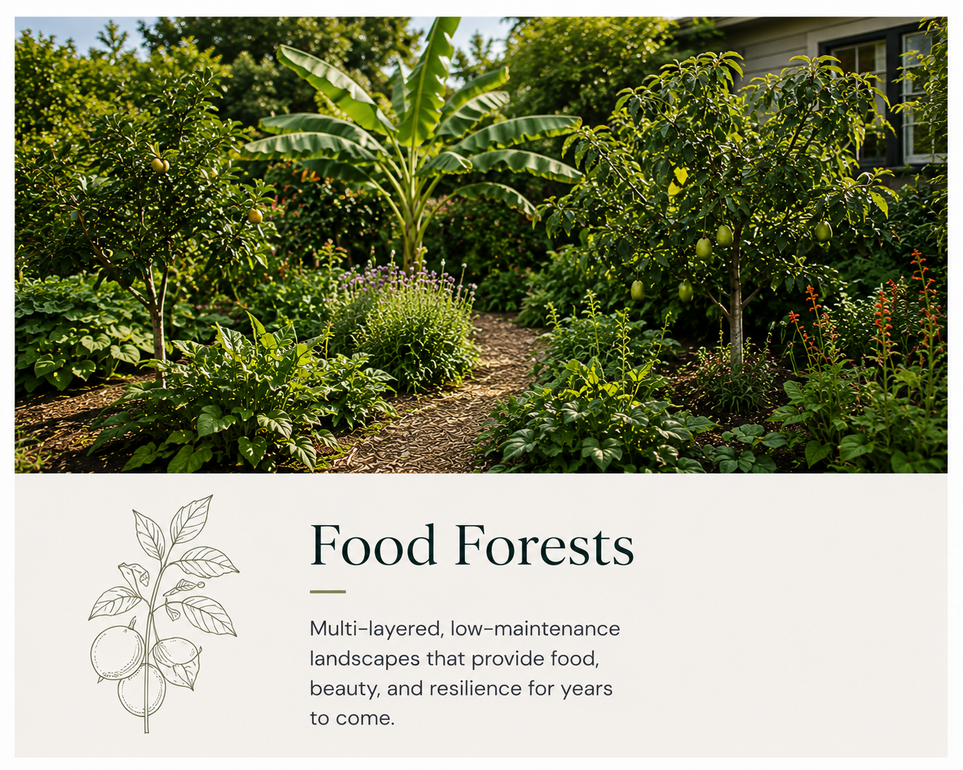 A garden with a dirt pathway, banana plant, fruit trees, and flowering plants, with a house visible in the background. The caption reads: "Food Forests: Multi-layered, low-maintenance landscapes that provide food, beauty, and resilience for years to come."