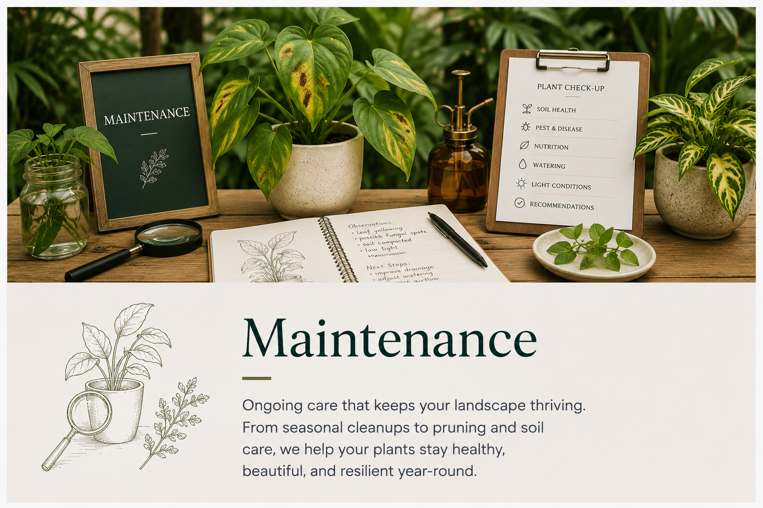 A variety of potted plants and plant care tools arranged on a wooden surface, with signs and notebooks related to plant maintenance and care.
