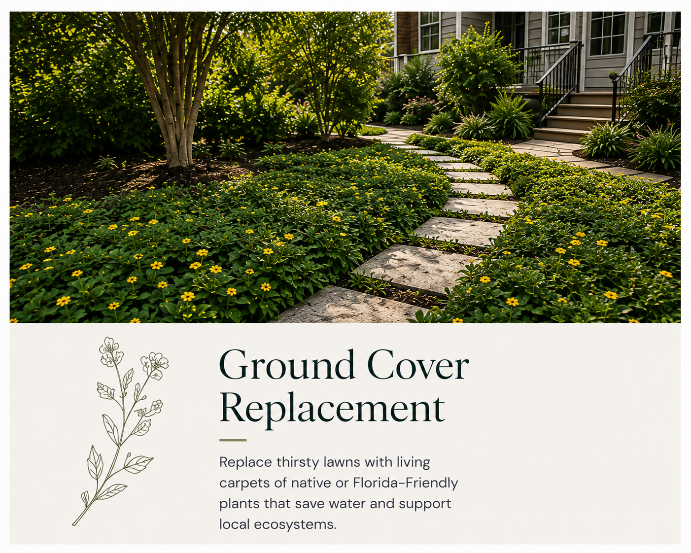 A landscaped front yard with a stone pathway, a tree, and various plants, with a house in the background. The image is part of a promotional material for ground cover replacement, emphasizing native or Florida-friendly plants.