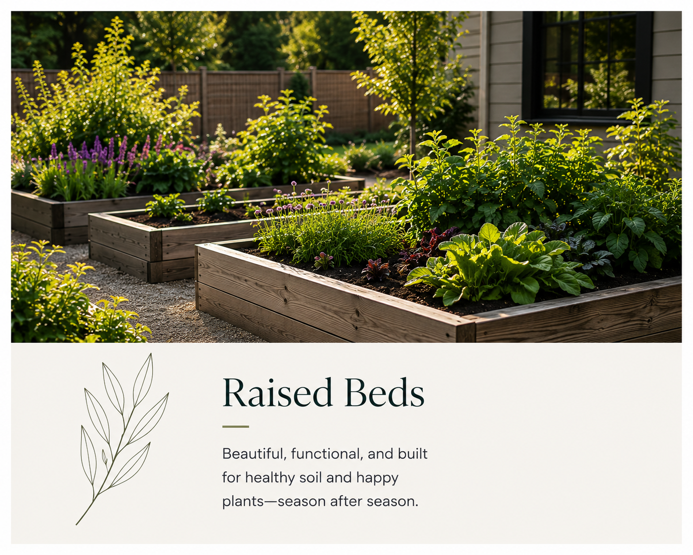 A garden with multiple wooden raised beds filled with flowering and leafy green plants, sunlight filtering through trees, and part of a house visible in the background.