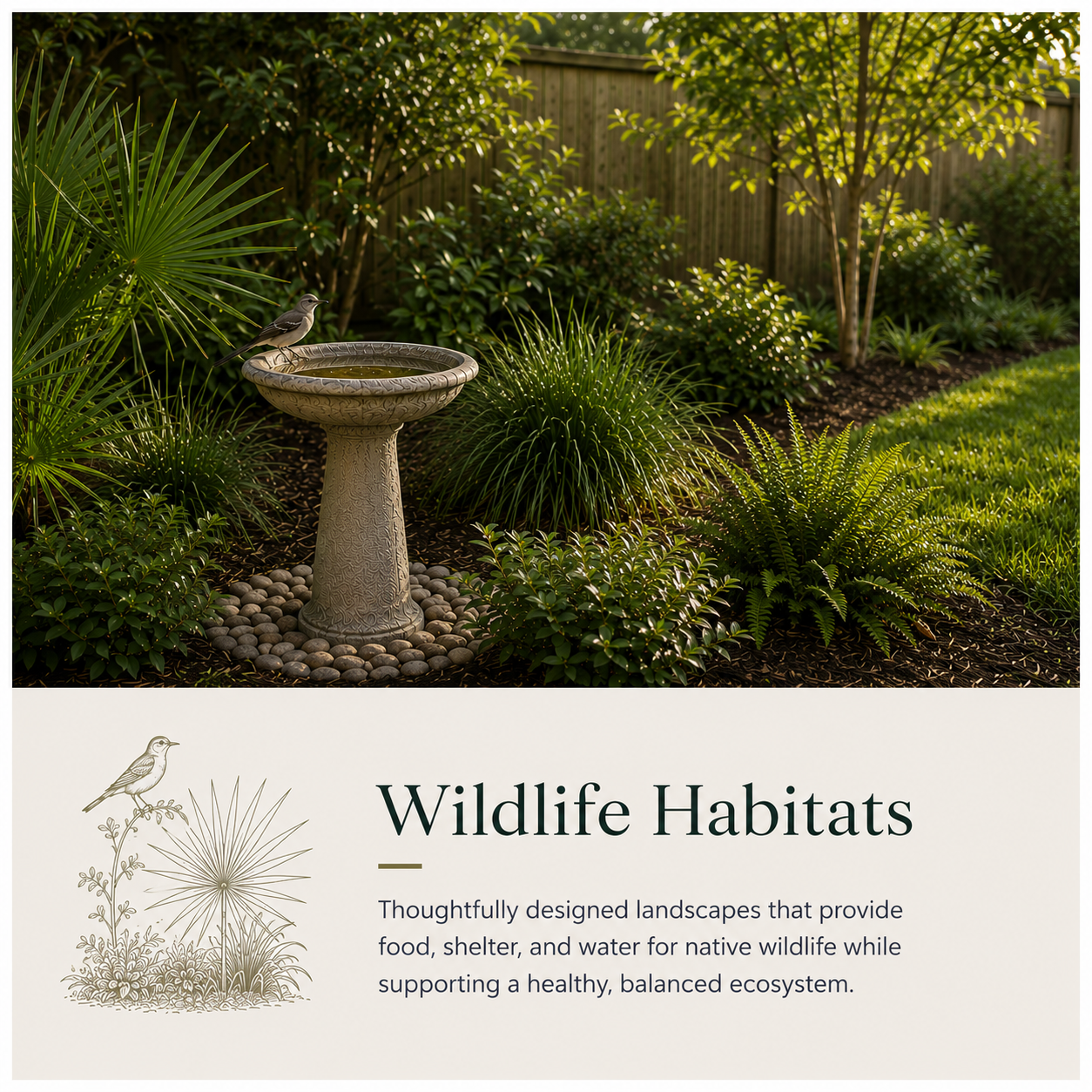 A garden with lush green bushes and small trees, a decorative bird bath with a bird perched on its edge, and various plants, all illuminated by warm sunlight.