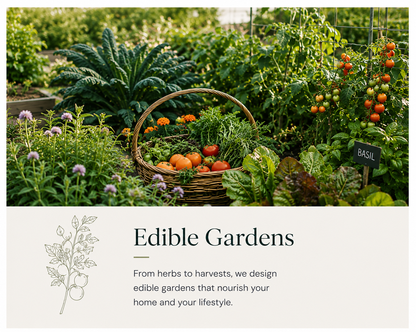 A lush vegetable garden with a basket of tomatoes, basil, and leafy greens, surrounded by other plants and flowers.