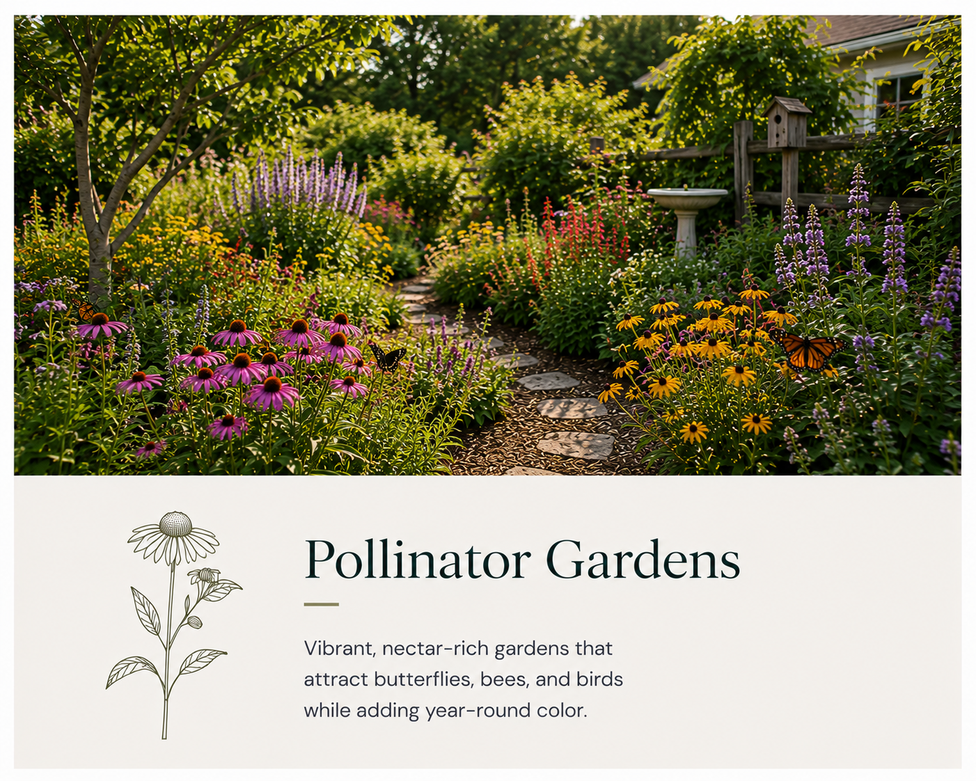 Colorful pollinator garden with various flowers, butterflies, and a stone path, titled 'Pollinator Gardens' with a description about attracting butterflies, bees, and birds.