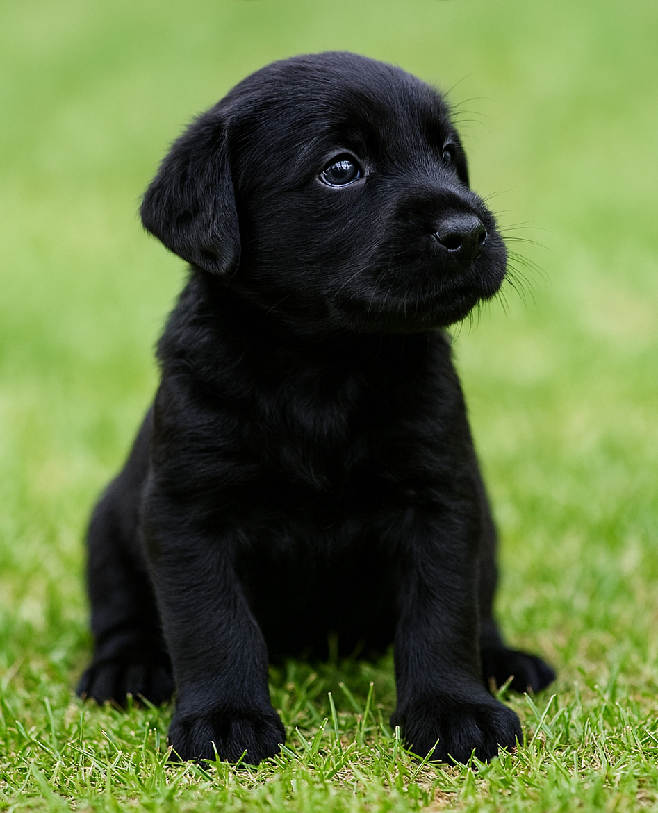 A black Labrador puppy sitting on green grass, looking to the side.