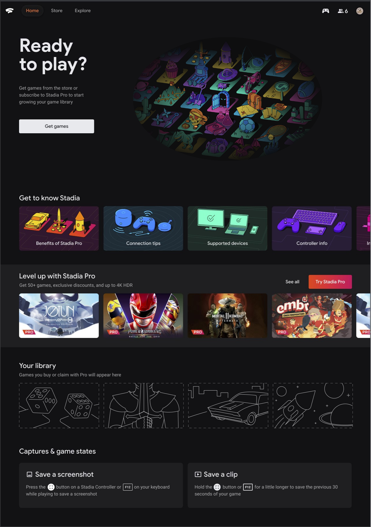 Screenshot of a gaming platform homepage featuring a dark theme with sections for game library, tips, supported devices, and game titles like '10 Out of 10', 'Power Rangers', and 'Mortal Kombat'.