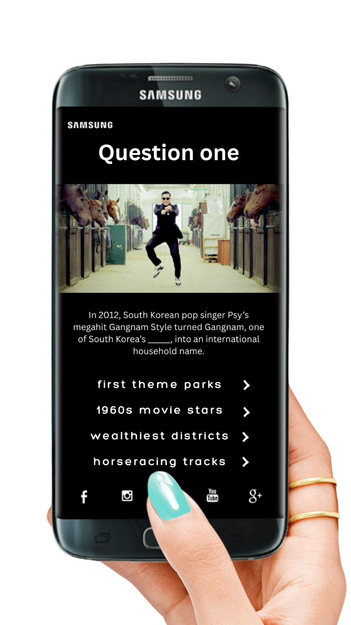 A person with turquoise nail polish holding a Samsung smartphone displaying a quiz app about Gangnam Style.