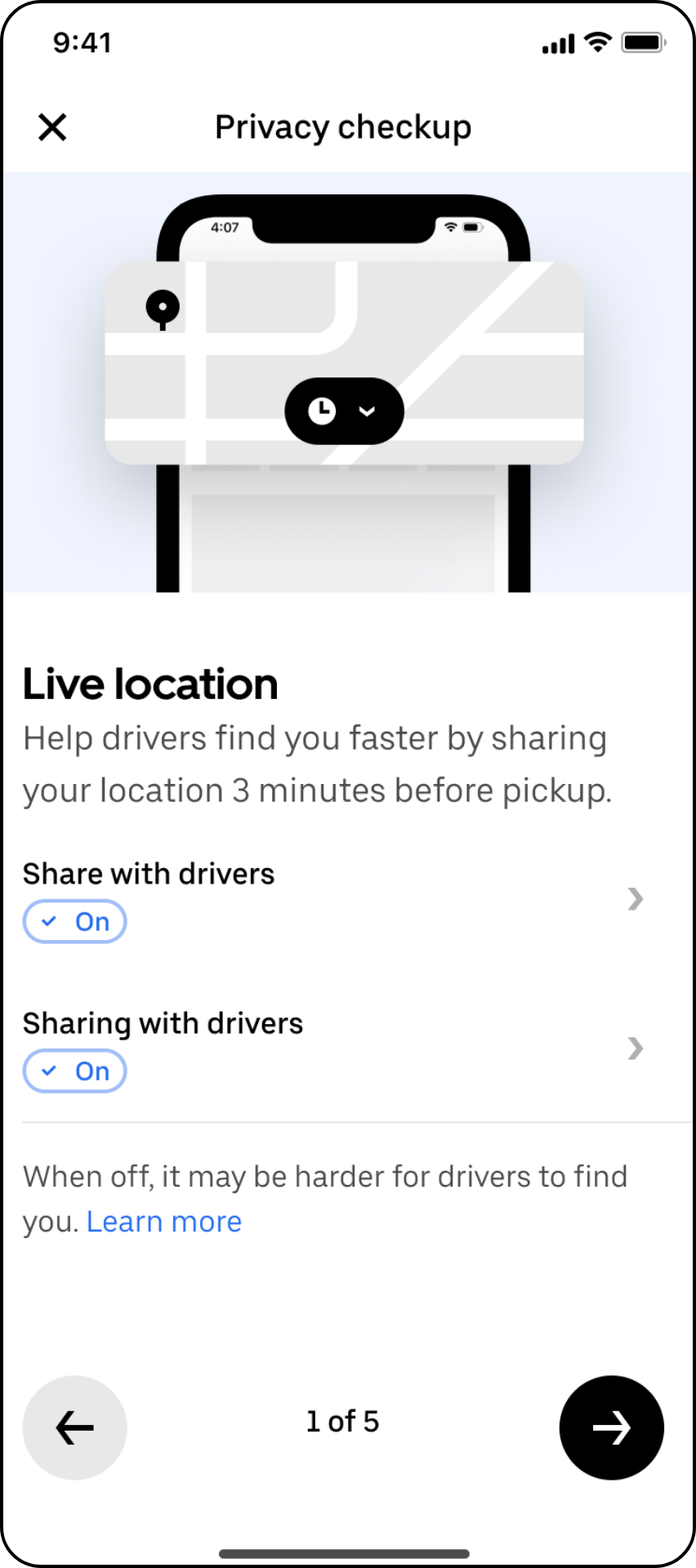 Screenshot of a mobile app in the privacy checkup section showing options to turn on live location sharing with drivers.