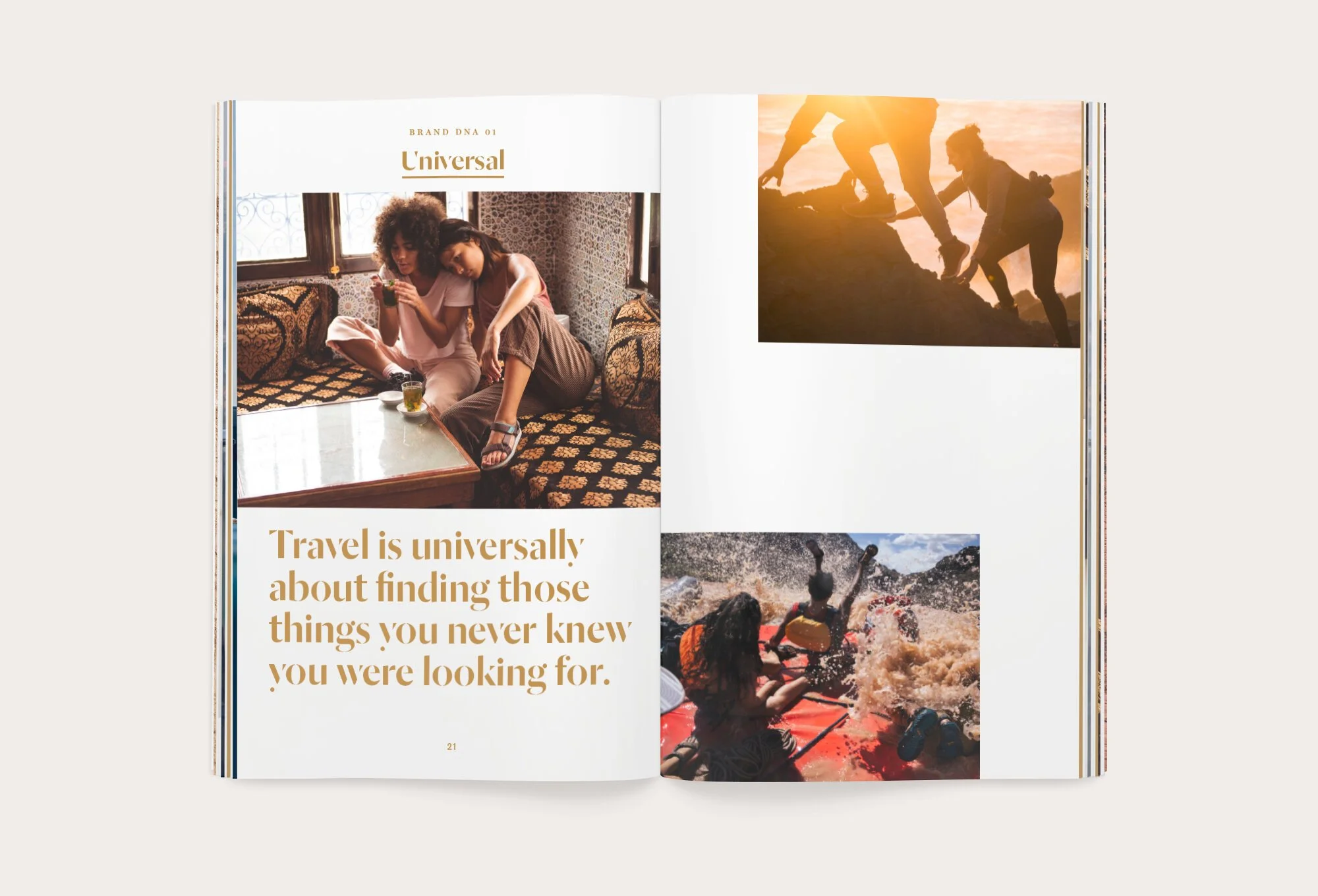 Open magazine featuring three photographs: two women relaxing indoors, two people climbing a mountain at sunset, and two children rowing a boat through rapids, with a quote about the universality of travel.