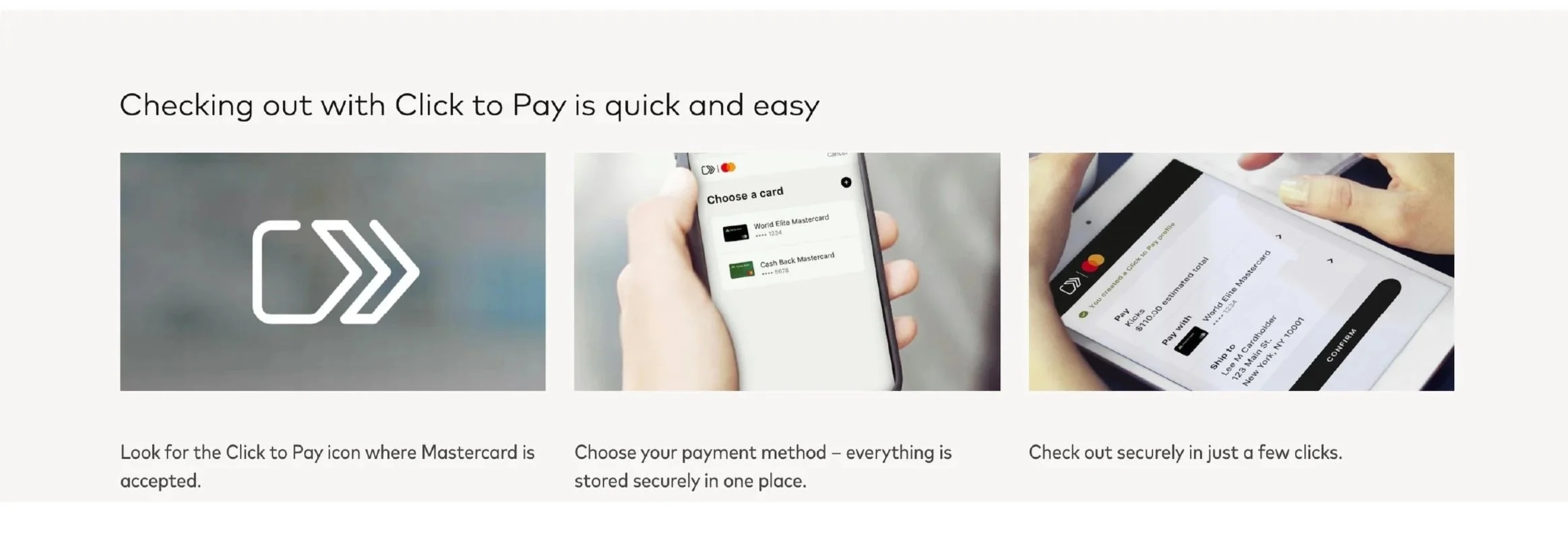 Instructional graphic demonstrating how to use Click to Pay with Mastercard, showing icon, mobile app with card options, and checkout screen
