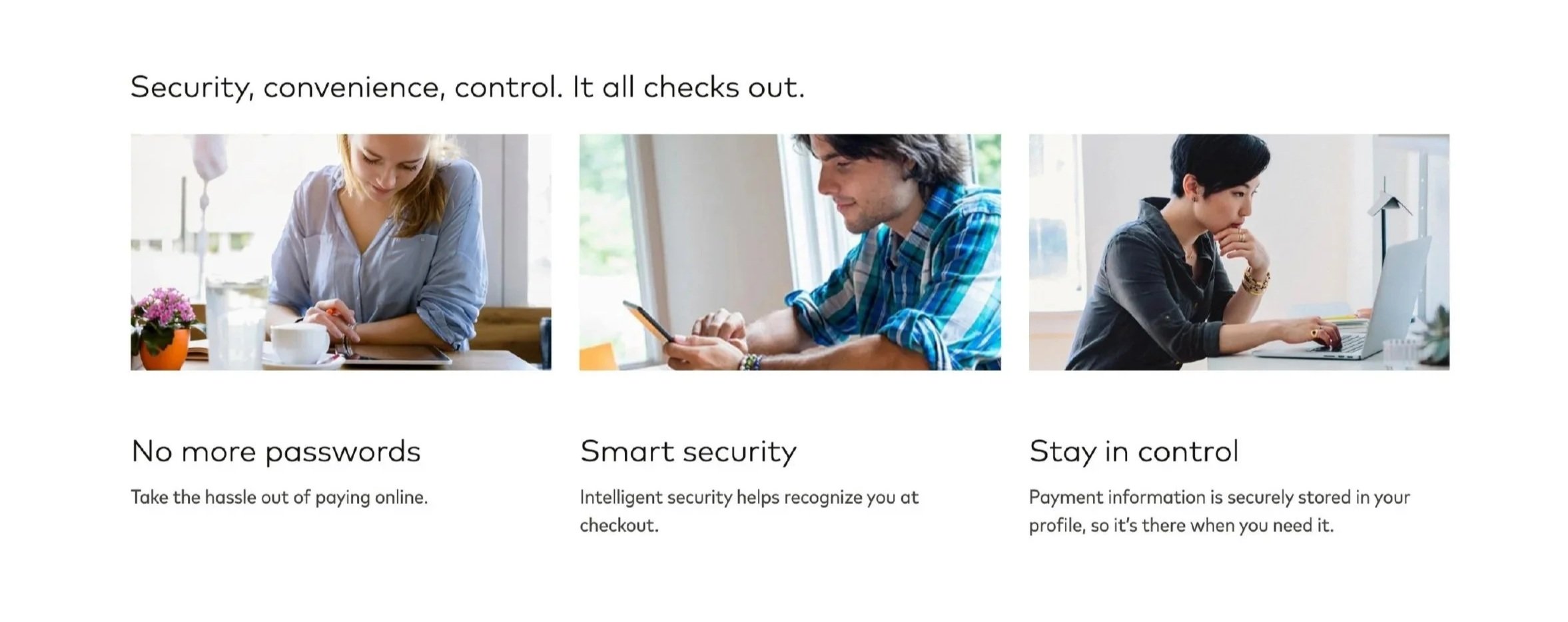 A webpage section showing three images of people using digital devices, with text emphasizing security, convenience, and control in online payments. The first image depicts a woman with a coffee, the second a man using a smartphone, and the third a woman working on a laptop.