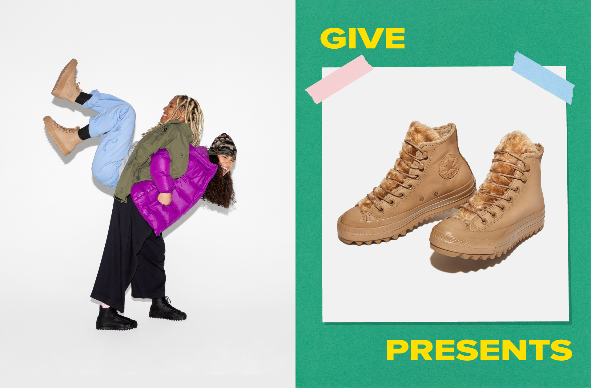 Two women, one with blonde dreadlocks and the other with curly hair and a beanie, playfully balancing each other against a white background; on the right, a graphic with a pair of tan fur-lined boots, the words "GIVE" at the top and "PRESENTS" at the bottom in yellow.
