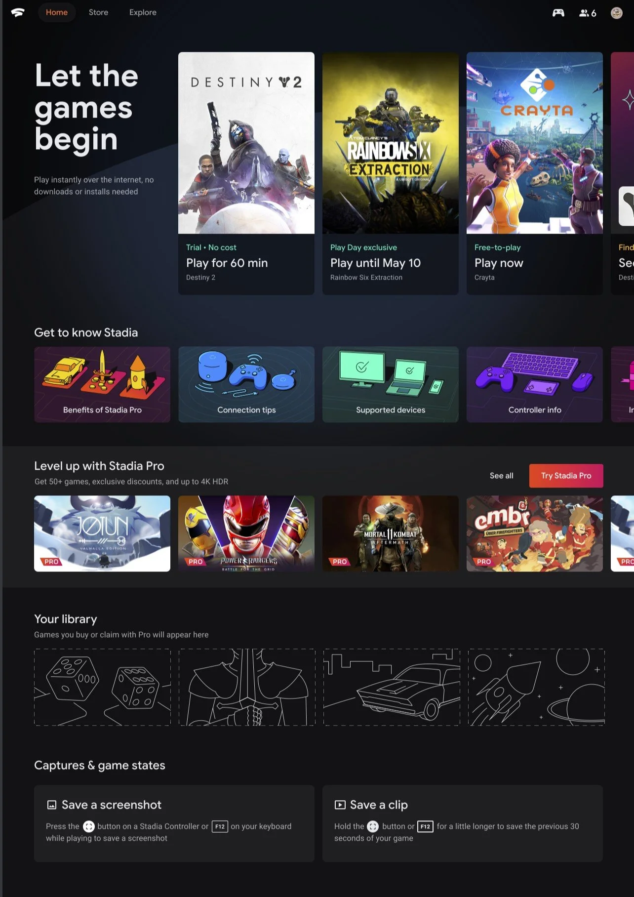 Stadia app interface showing game options, categories, and library, with games like Destiny 2, Rainbow Six Extraction, Crayta, and newer titles for Stadia Pro.