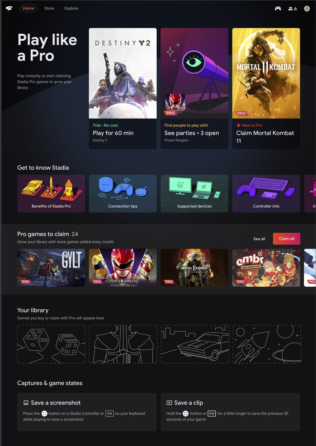 Screenshot of a gaming platform interface promoting Stadia Pro games, including Destiny 2 and Mortal Kombat 11, with sections for game library, tips, and recent game titles.
