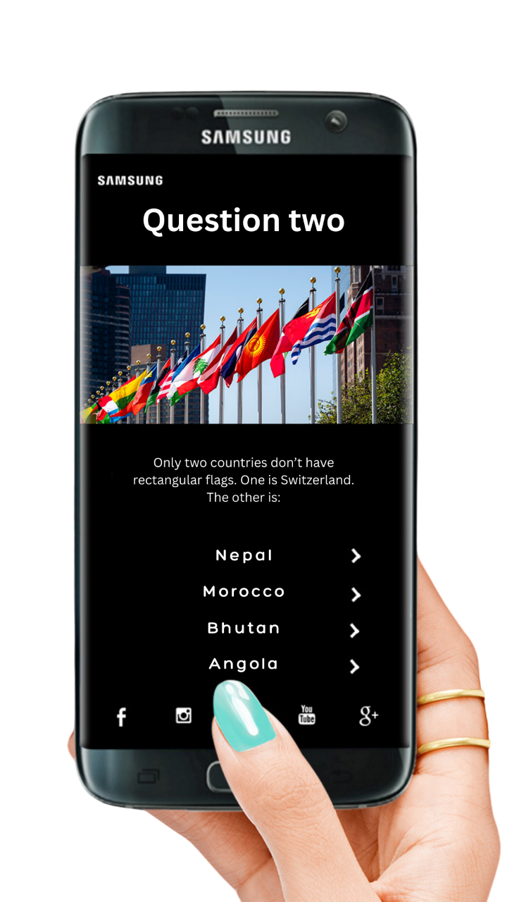 A Samsung smartphone displaying a quiz question about countries without rectangular flags.