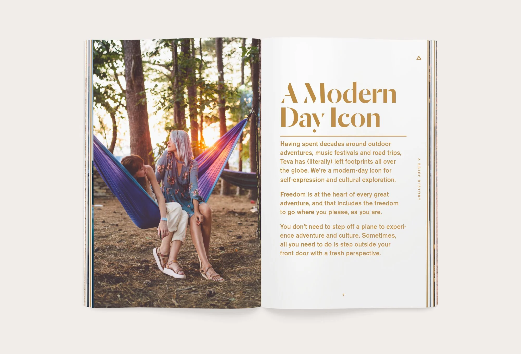 A woman with gray hair and two young girls sitting on a hammock in a wooded area at sunset, with trees and sunlight visible in the background.