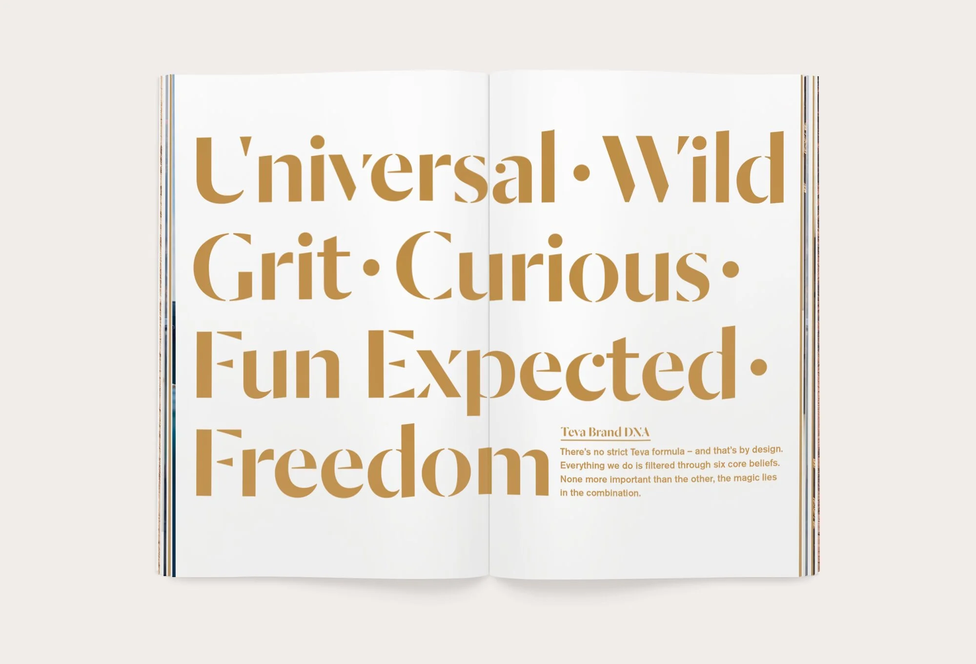 An open magazine with large gold text on a white background that reads, 'L'universal·Wild Grit·Curious·Fun Expected·Freedom.' Smaller text on the right side includes the phrase 'Teva Brand DNA' and a paragraph about design philosophy.