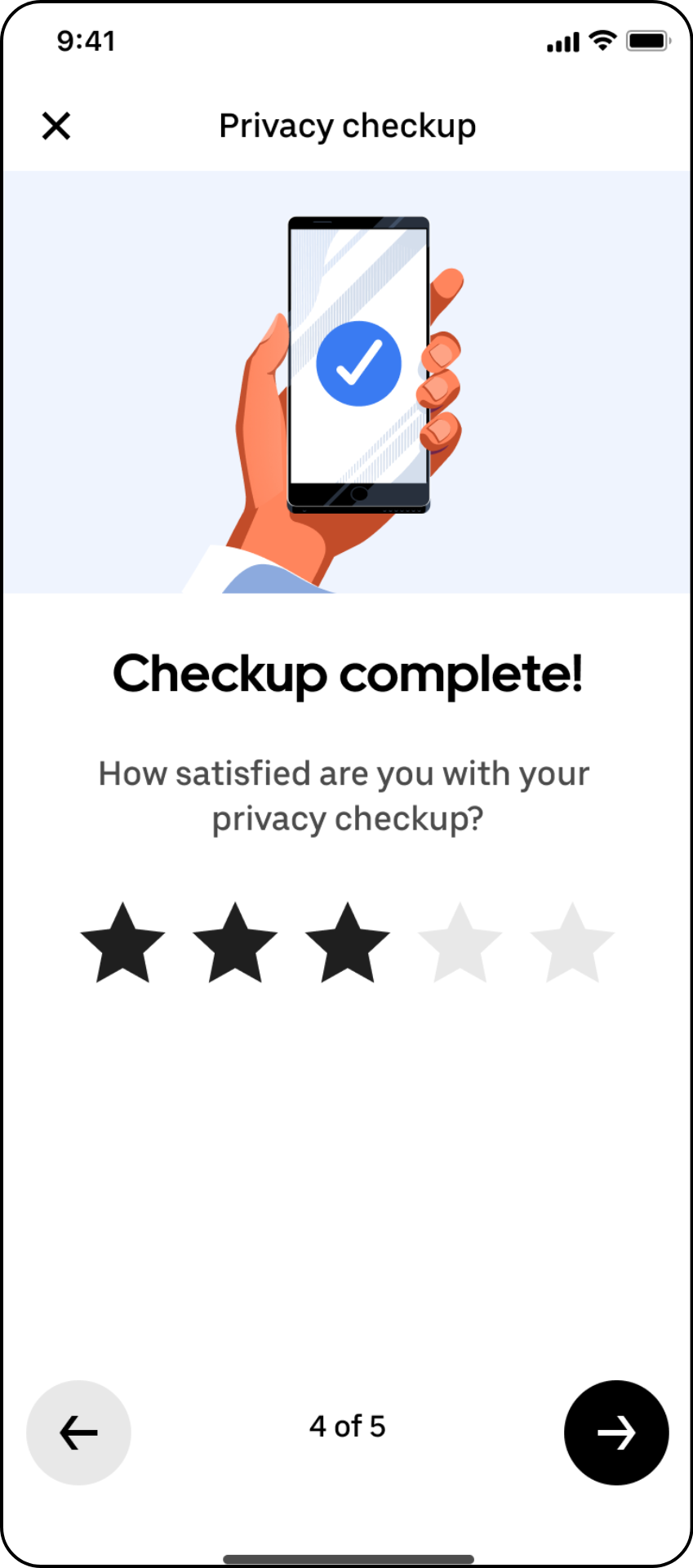 Mobile app screen showing a privacy checkup completion message with a hand holding a phone displaying a checkmark, and a satisfaction rating of four out of five stars.