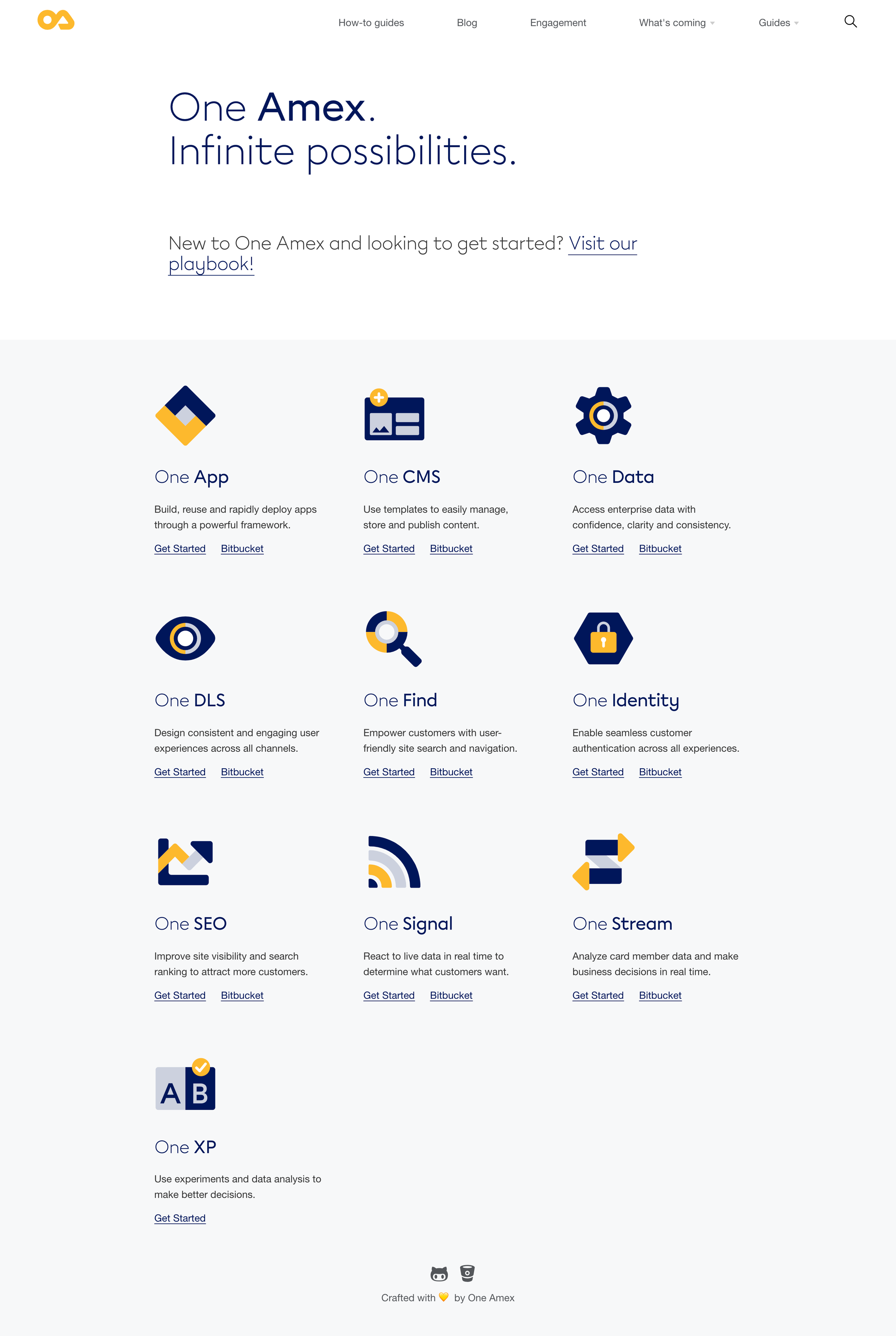 Screenshot of a website homepage with the One Amex logo and tagline 'One Amex. Infinite possibilities.'