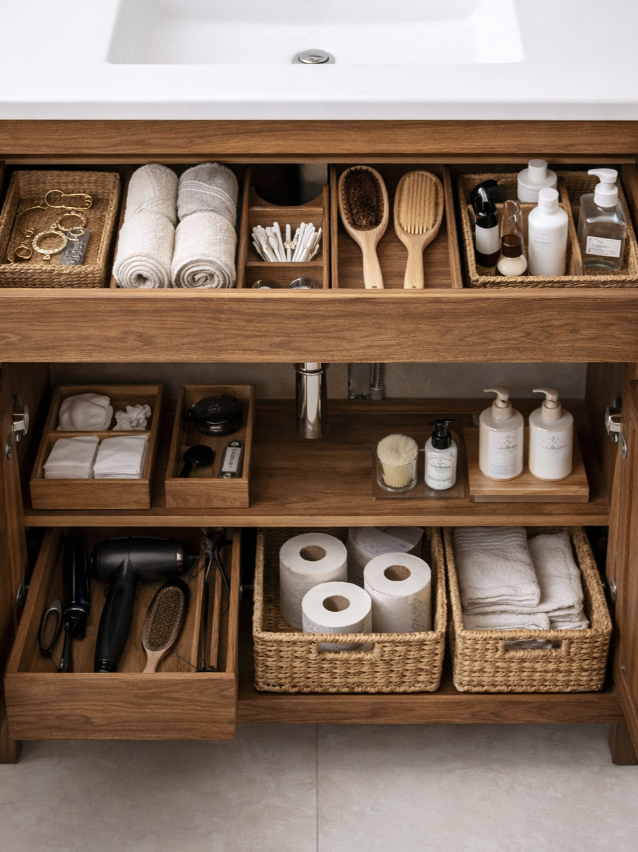 Bathroom vanity with organized storage, including towels, toiletries, grooming tools, and tissue rolls.