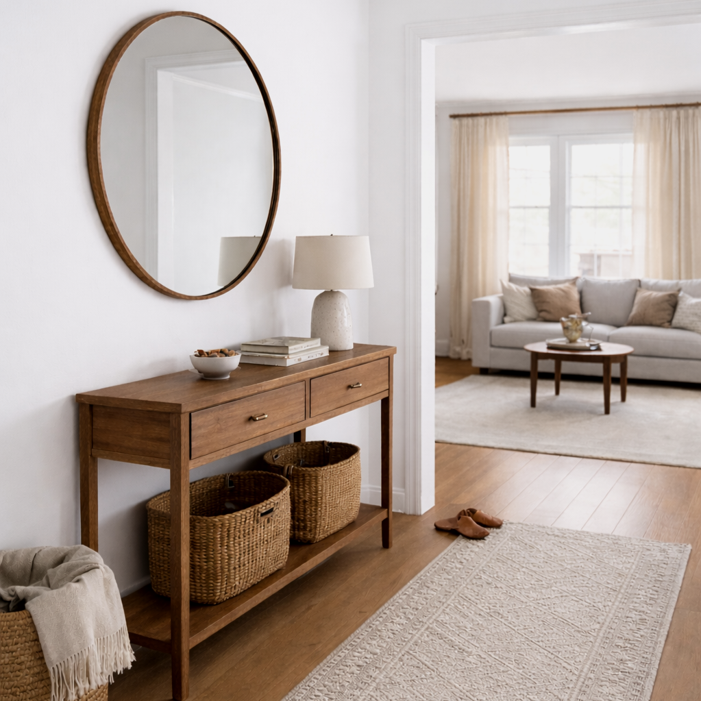 Living room viewed from hallway, featuring a wooden console table with a white lamp, a bowl of snacks, and stacked books, with wicker baskets underneath. The adjacent room has a white sofa with beige cushions, a round coffee table with a decorative bowl, large windows with light beige curtains, and hardwood floors.
