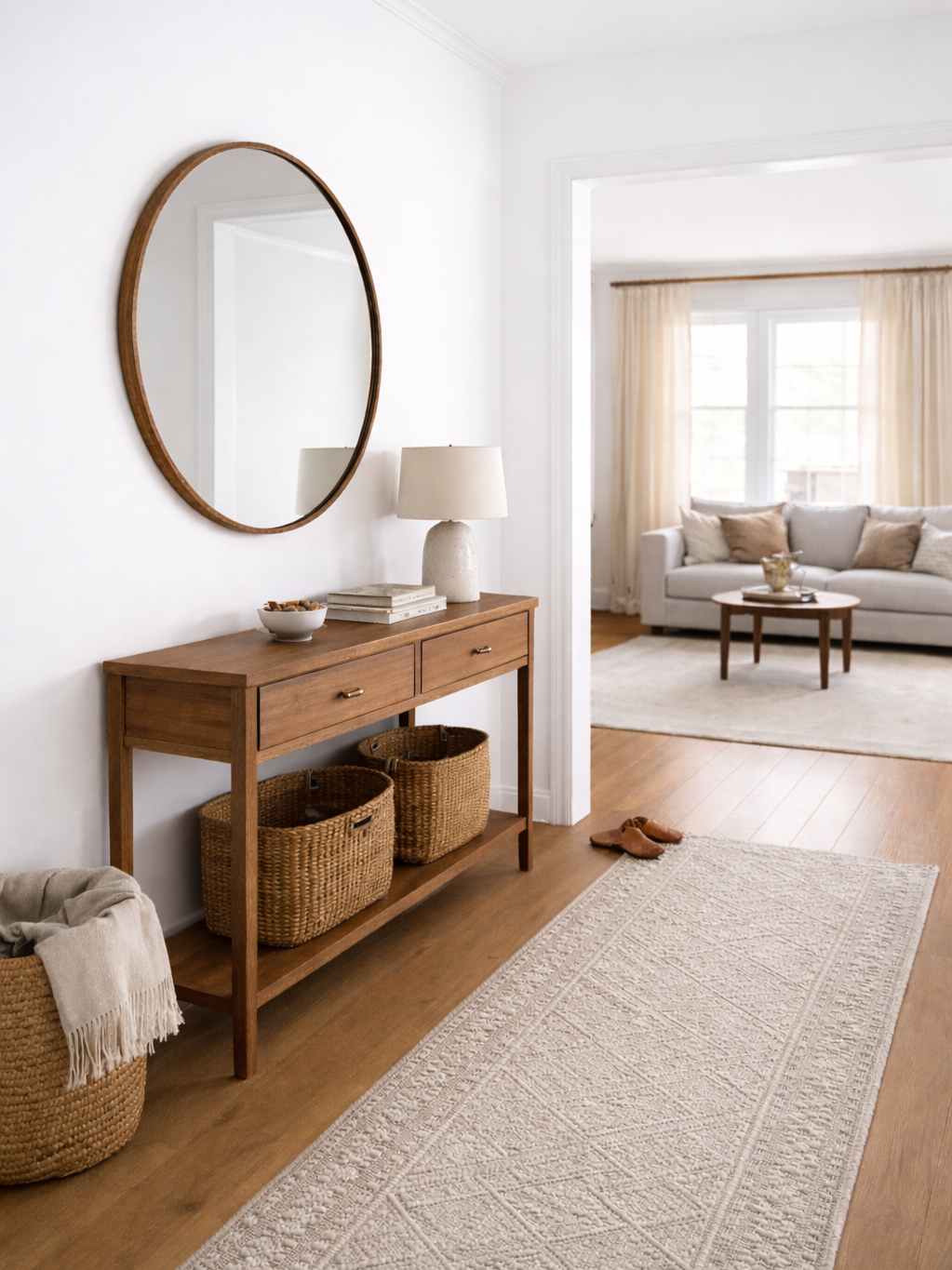 Hallway with wooden console table, mirror, lamp, books, baskets, and a rug, leading into a brightly lit living room with a sofa, coffee table, and curtains.