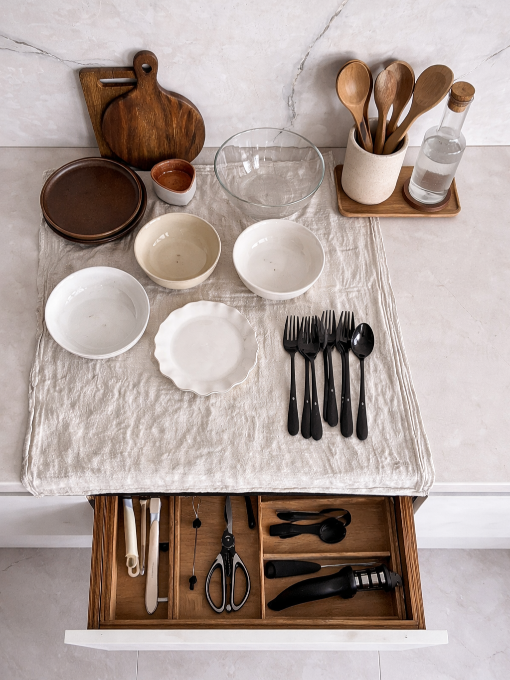Array of kitchen utensils and dishware set on a countertop, with a partially open drawer containing scissors, a thermometer, and other kitchen tools.