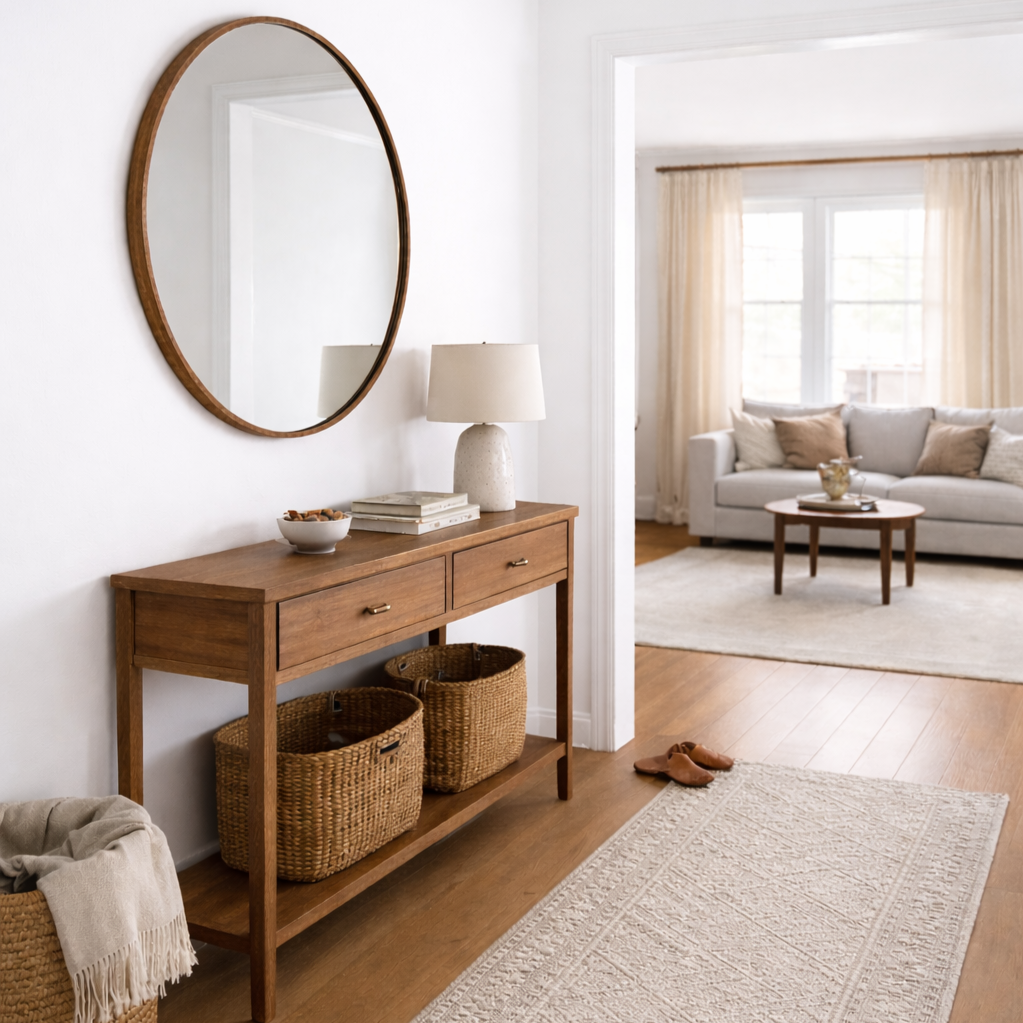 Hallway with wooden console table, mirror, lamp, books, baskets, and a rug, leading into a brightly lit living room with a sofa, coffee table, and curtains.