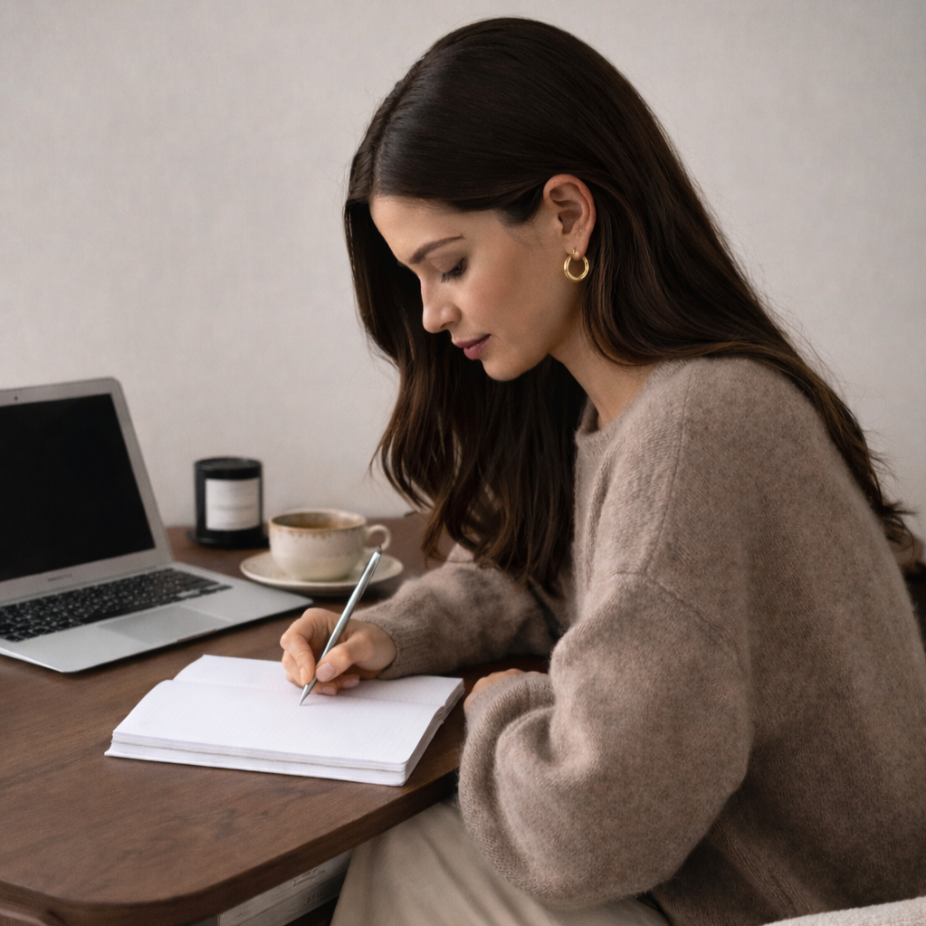 Woman with brown hair and gold earrings writing in a notebook at a desk with a laptop, coffee cup, and candle.