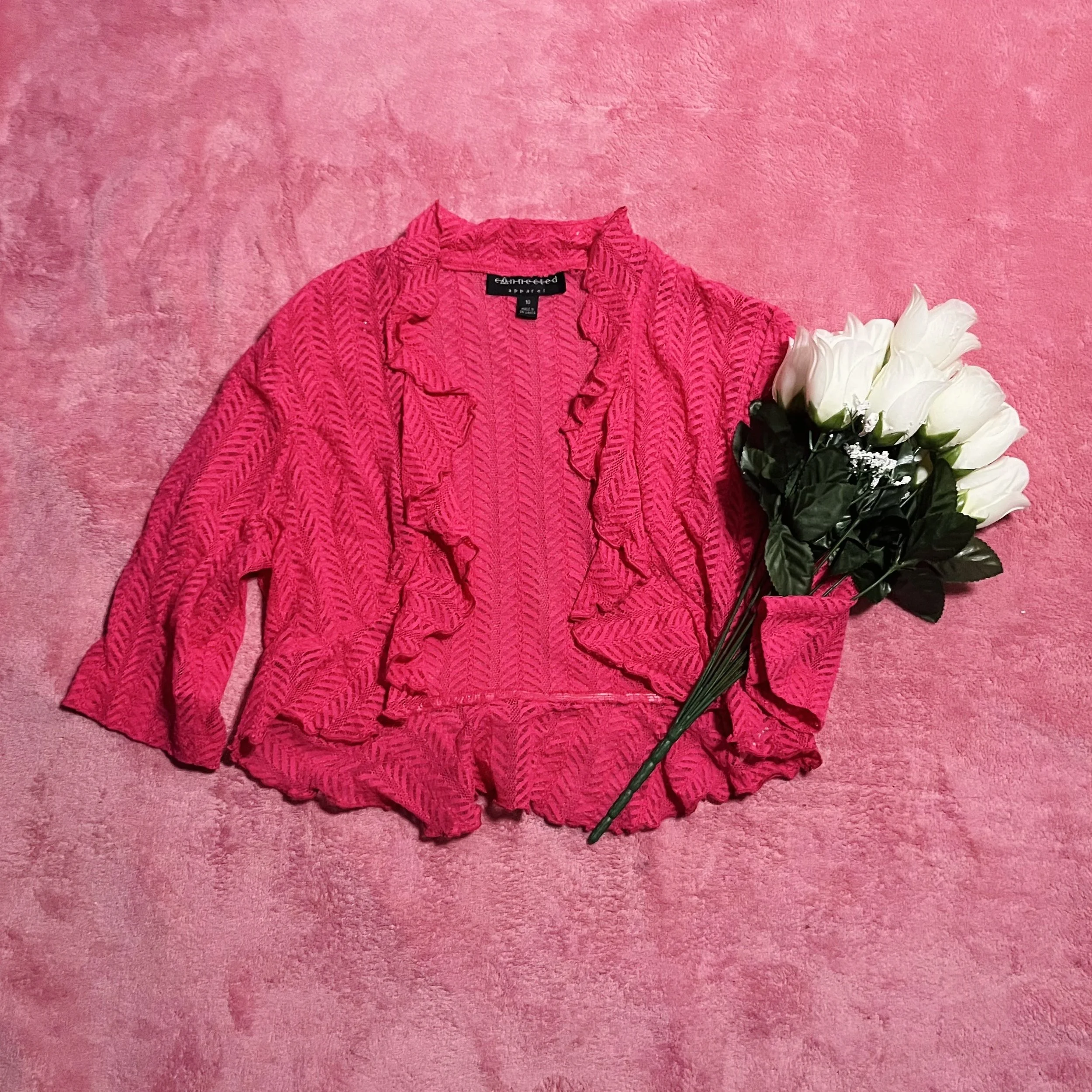 Ruffled Pink Lacy Cropped Cardigan
