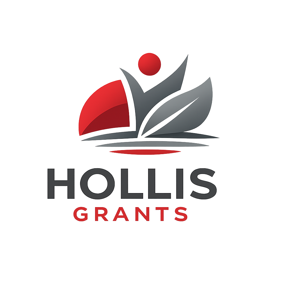 Logo for Hollis Grants featuring a stylized person with outstretched arms, a red sphere for the head, and abstract shapes in red and gray, with the text 'HOLLIS GRANTS' below.