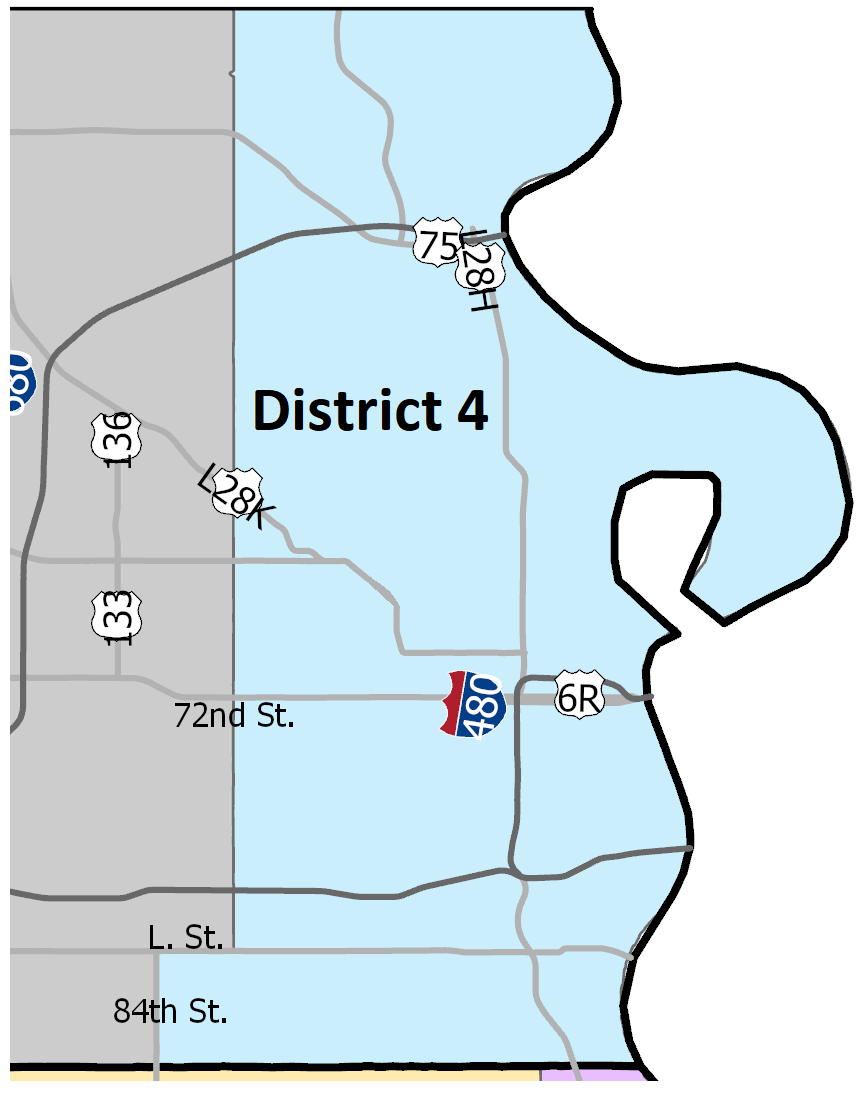 Map of District 4 with major roads and highways, including Interstate 480 and routes 36, 75, 28, 82, 6R, 33, and 72nd, 84th, and L. Streets.