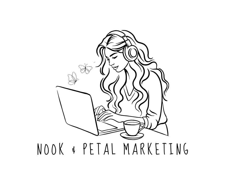 Line drawing of a woman with long wavy hair wearing headphones, using a laptop with a cup of coffee nearby. The text below reads 'Nook & Petal Marketing.'