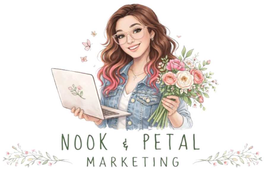 Illustrated woman holding a laptop and bouquet of flowers above the text “Nook Petal Marketing.”